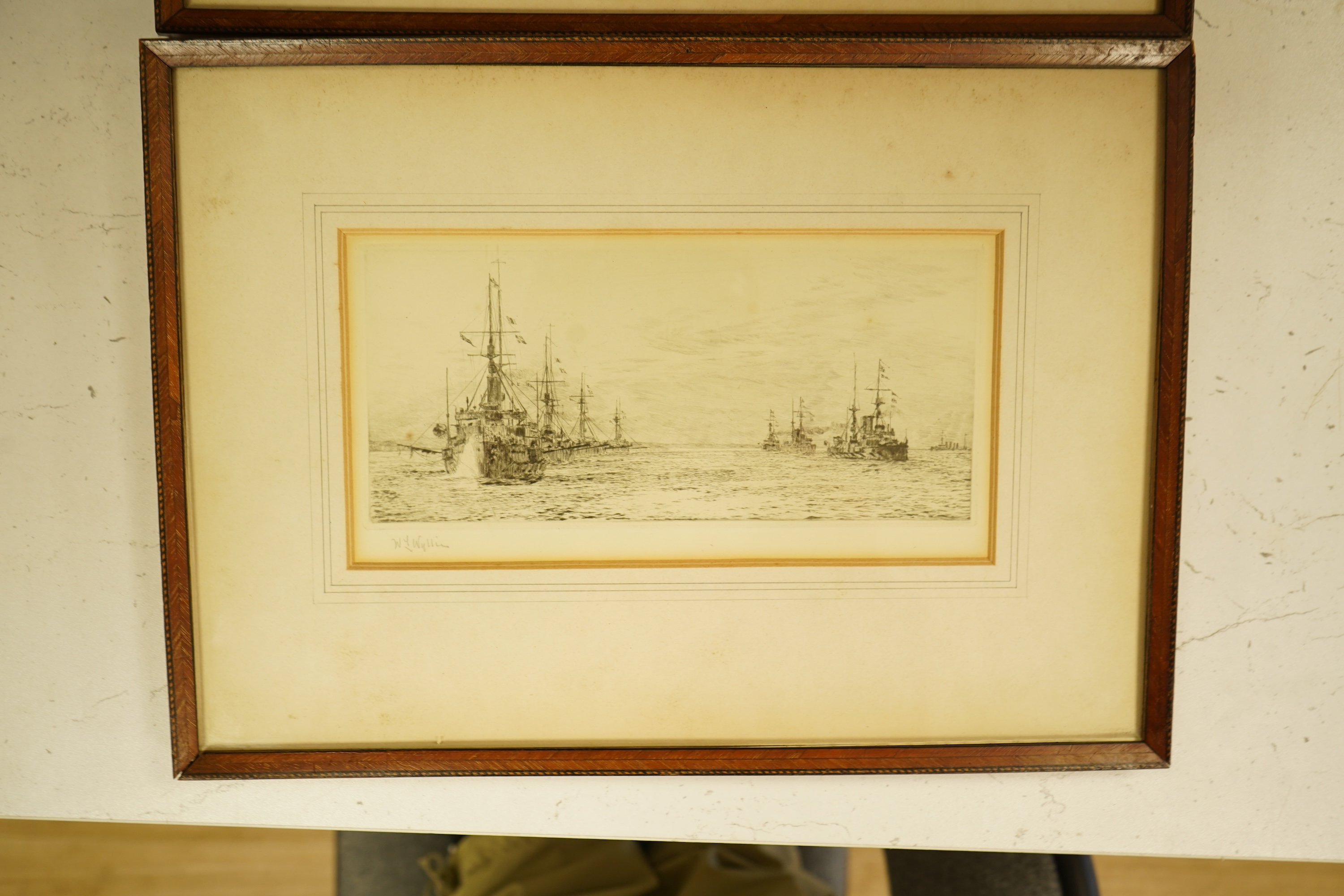 William Lionel Wyllie (1851-1931), 'Full speed ahead' and 'The Convoy', each signed, pair of etchings, 12 x 23cm